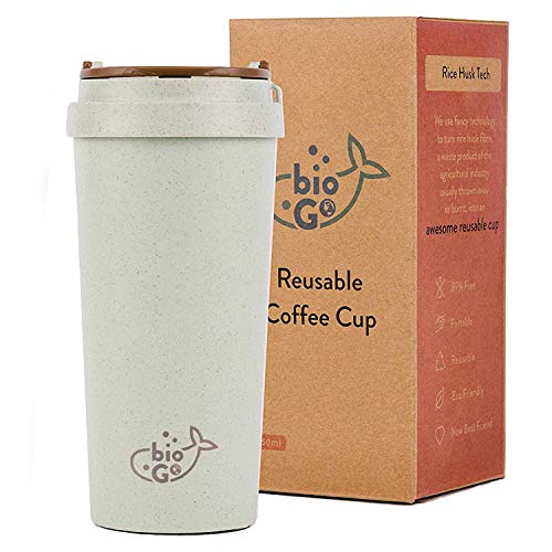Rice Husk Fibre, BPA-Free, Double Wall Insulation Reusable Coffee Cups, On-The-Go Travel Mug, Screw Tight Lid, Textured Grip, Ultra Lightweight, Size