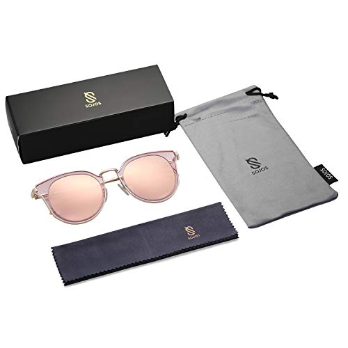 SOJOS Fashion Round Polarized Sunglasses for Women UV400 Mirrored Lens SJ1057 with Rose Gold Frame/Pink Mirrored Lens