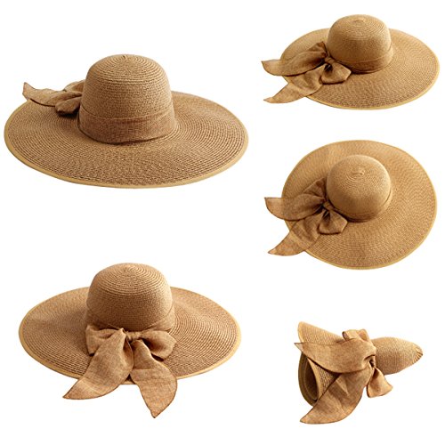 Summer Straw Sun Hat for Women Sun Protection Floppy Beach Caps Bowknot  Travel Roll-Up Foldable Hats