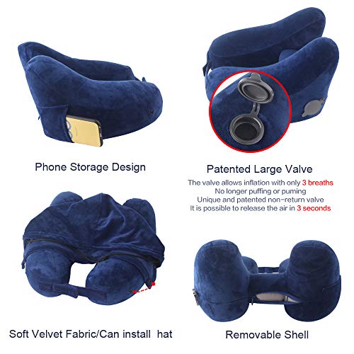 Inflatable Pillow] for Airplane Travel, Comfortably Supports Head,Neck and  Chin with Soft Velour Cover,Hat,Portable Drawstring Bag,3D Eye Mask and